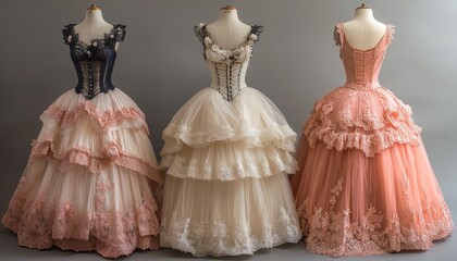 Three elegant ball gowns on mannequins. Perfect for fashion, design, and wedding photography.