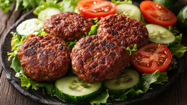 Spicy chapli kebabs served on a bed of lettuce with slices of tomatoes and cucumbers.
