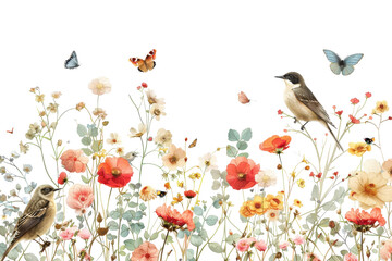 A vibrant illustration featuring colorful flowers, butterflies, and birds in a serene nature setting, perfect for spring themes.