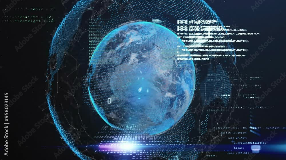 Poster rotating earth with data and coding animation over digital background