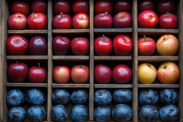 A variety of fruits in a wooden box. The image depicts fresh fruit in an organized wooden box, perfect for promoting health and a fresh harvest.