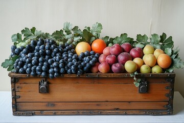 A wooden box filled with fruit. This image depicts a variety of fresh fruit such as grapes, plums, apricots and oranges, perfect for a healthy lifestyle or food related blog.