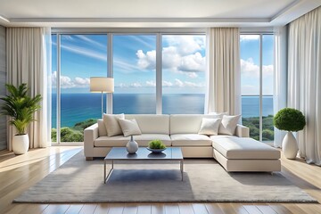 Fototapeta premium Minimalist luxury modern living room interior design, morning light, modern interior concept for use.
