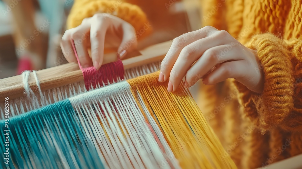 Poster skilled hands weaving colorful threads on a traditional wooden loom with soft natural illumination