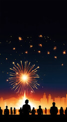 Fototapeta premium Illustration on Diwali Fire Cracker explosions, Cracker Explosive dusk with silhouette of crowd playing in the background. wide far perspective with copy space 