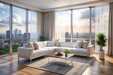 Naklejka premium Minimalist luxury modern living room interior design, morning light, modern interior concept for use.