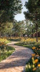 Stone path in a blooming garden. Perfect for showcasing beauty, nature, and a peaceful walk.