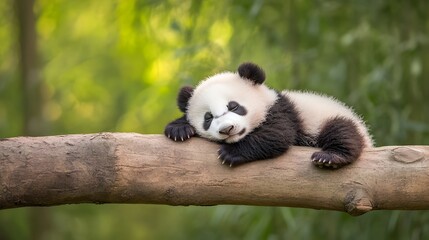 Fototapeta premium Sleeping Panda Cub Resting on Log in Tranquil Bamboo Forest Landscape