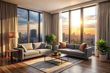 Fototapeta premium Minimalist luxury modern living room interior design, morning light, modern interior concept for use.