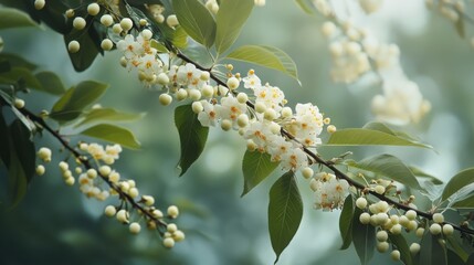 Fototapeta premium A closeup of a tree branch with white flowers and green leaves