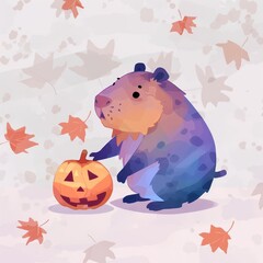 Fototapeta premium A whimsical illustration of a cute animal with a pumpkin, surrounded by autumn leaves, perfect for seasonal designs.