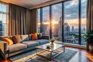 Fototapeta premium Minimalist luxury modern living room interior design, morning light, modern interior concept for use.