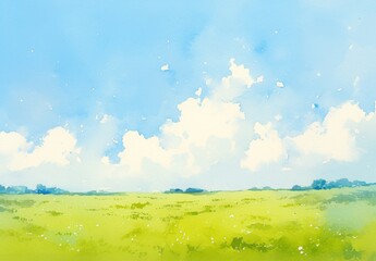 Watercolor Painting with Pastel Green and Blue Background Featuring  Clouds and a Grassy Field. 