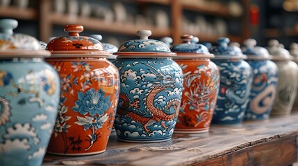 a group of jars on a shelf. 