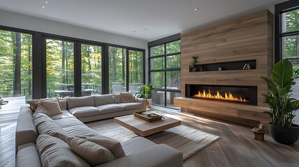 Contemporary Scandinavian living room, modern fireplace as the focal point, minimalist design, neutral tones, light wood flooring, large windows letting in sunlight, cozy and serene atmosphere,