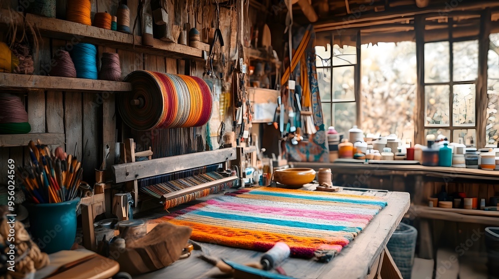 Poster vibrant handwoven fabric on a rustic loom in a well lit setting