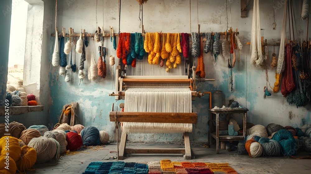 Poster vibrant threads and yarns hanging on wall next to weaving loom in soft natural light