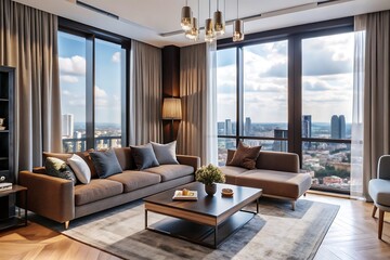 Fototapeta premium Minimalist luxury modern living room interior design, morning light, modern interior concept for use.
