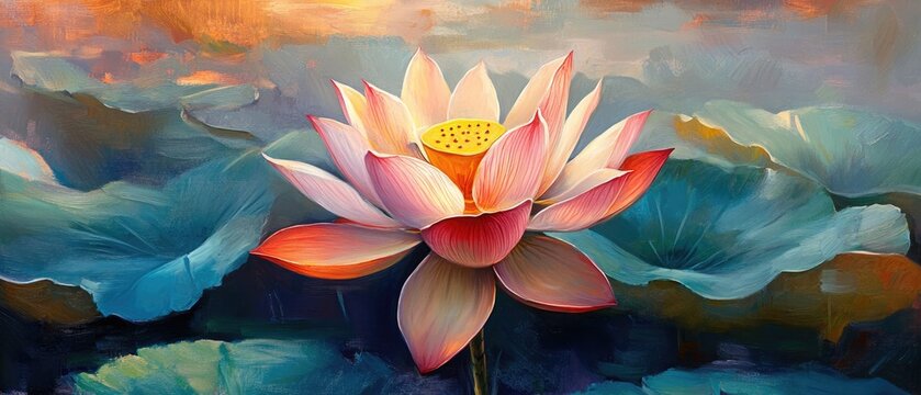 Beautiful oil painting of a lotus flower plant showcasing its elegance and vibrant colors