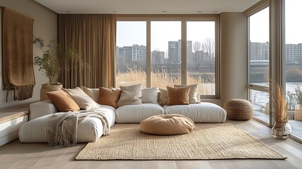 Fototapeta premium Contemporary Scandinavian living room, soft textiles in neutral shades, plush cushions and a cozy throw, minimalist furniture, light wood flooring, large windows allowing natural light,