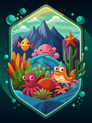 Underwater Scene with Colorful Creatures and Mountain Background