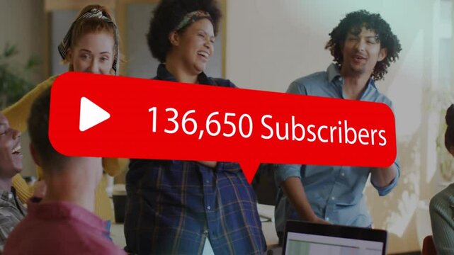 279,315 subscribers animation over diverse group of people in office