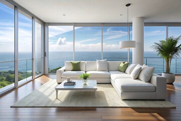 Fototapeta premium Minimalist luxury modern living room interior design, morning light, modern interior concept for use.