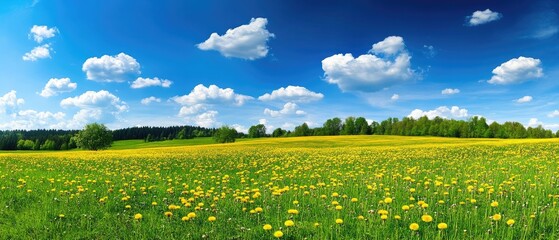 Fototapeta premium Field with dandelions and blue sky