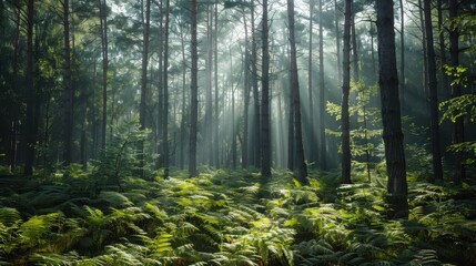 Obraz premium Serene forest with sunbeams filtering through tall trees and a carpet of ferns, natural background, tranquil woodland
