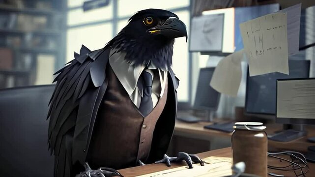 Crow in a Business Suit at a Desk During a Workday Generative AI