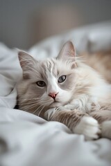 White Cat Relaxing on a Bed
