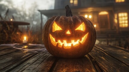 Fototapeta premium Glowing Jack o lantern on Rustic Wooden Table for Halloween