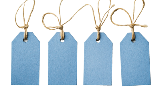 Set of blue craft paper tag with twine on transparent background, png	