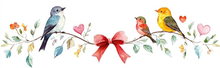 Watercolor wreath featuring birds and a bow isolated on a white background Illustrated birds and hearts suitable for gift card and invitation designs