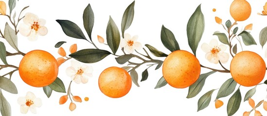 Watercolor template featuring hand drawn branches of an orange tree adorned with flowers leaves and oranges