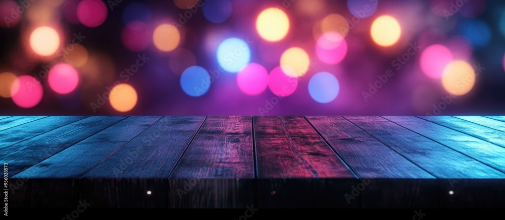 Poster 3d rendering of an empty dark wooden table with an abstract blurred bokeh background ideal for showc
