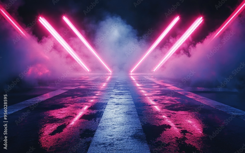Poster 3d rendering of an empty background scene featuring dark street reflections on wet asphalt with neon