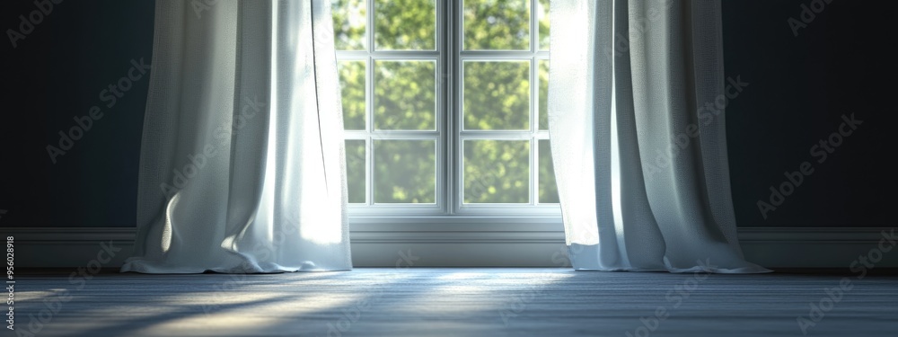 Poster 3d rendering of an open window with white curtains showcasing a darkened interior with selective foc