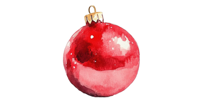 Single red christmas ball in watercolor clipart desig on transparent background, png	