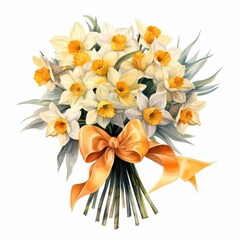 Elegant bouquet of white and yellow daffodils tied with a vibrant orange bow, perfect for celebrations and gifting.