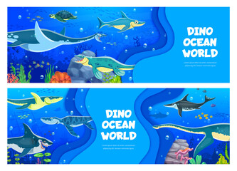 Paper cut banners with underwater prehistoric dinosaur characters in a oceanic scene. Vibrant marine creatures, aquatic dino species and marine reptiles swimming in a blue ocean environment
