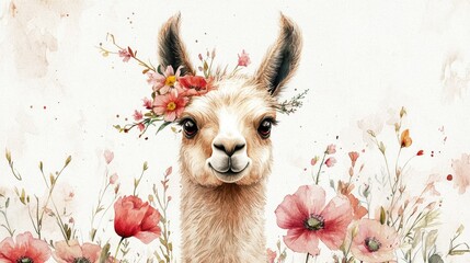 Whimsical watercolor illustration of an adorable llama adorned with flowers featuring a childlike design The print showcases wild animals on a white backdrop complemented by pink poppies perfect f