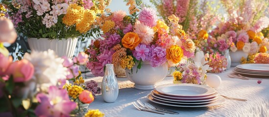 3D rendering of spring and summer flower decorations for an Easter wedding table setting
