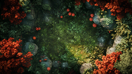 Lush red forest area, forest mushroom fairy circle top down view