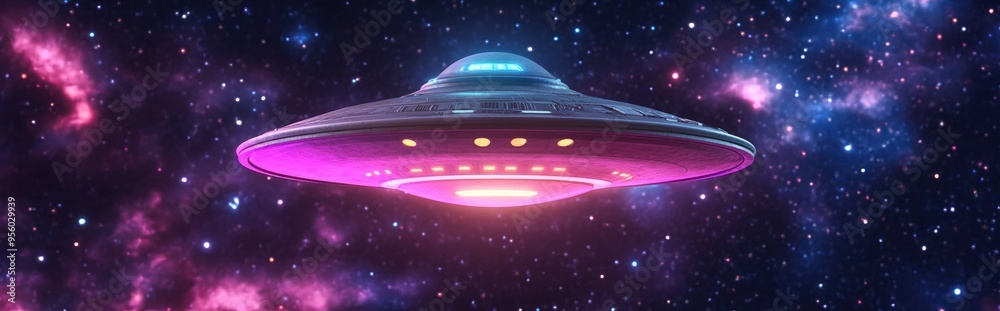 Poster colorful cartoon scene featuring a humorous 3d rendering of a galactic alien ufo space craft designe
