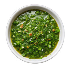 Argentinian chimichurri sauce with parsley on white bowl on transparent background