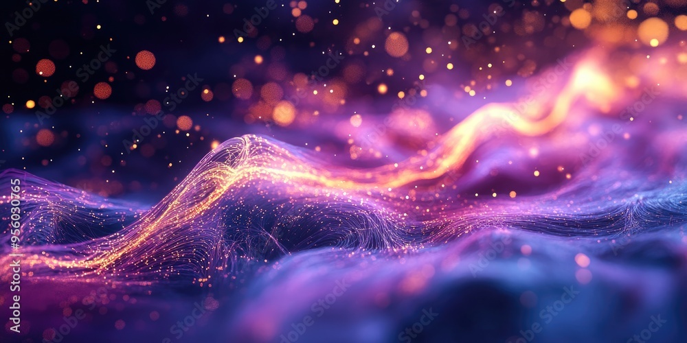 Poster 3D cartoon visualization of cosmic energy strings Thin bright elements flow as energy creating lines that form structural fibers