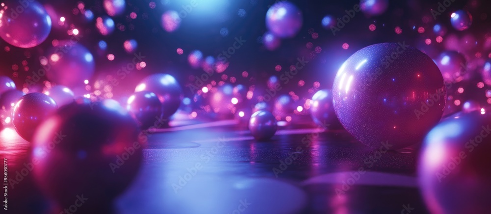 Poster Abstract background featuring bright neon lights and fluorescent spheres in a dark space created through 3D cartoon rendering