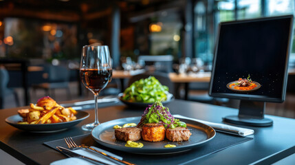 Restaurant ambiance with tables and food presentations, inviting and elegant tones, space for text
