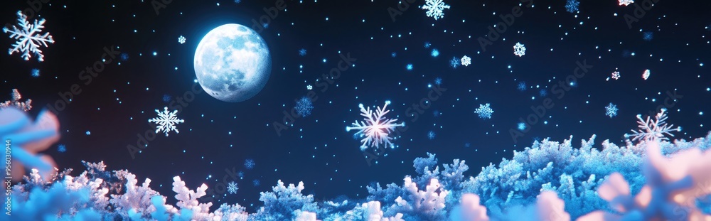 Aufkleber cartoon rendering in 3d of snowflakes and the moon